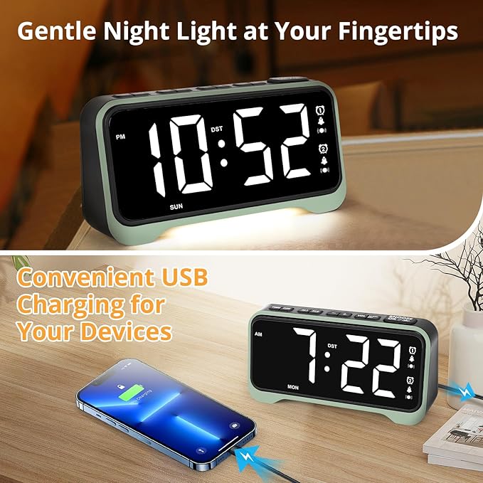 Loud Alarm Clock for Heavy Sleepers Adults/Kids, Dual Vibrating Alarm Clock Bed Shaker for Hearing Impaired/Deaf, 7.5ββ Large Display with Dimmer, Weekday/Weekend Mode, Nightlight, USB Port, Snooze