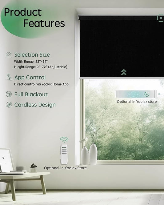 Yoolax Motorized Blinds App Control, Blackout Roller Shades for Windows, Cordless Automatic Shades Roller Window Blinds for Bedroom Living Room Office (Blackout Apex Black, 29" W x 72" H)