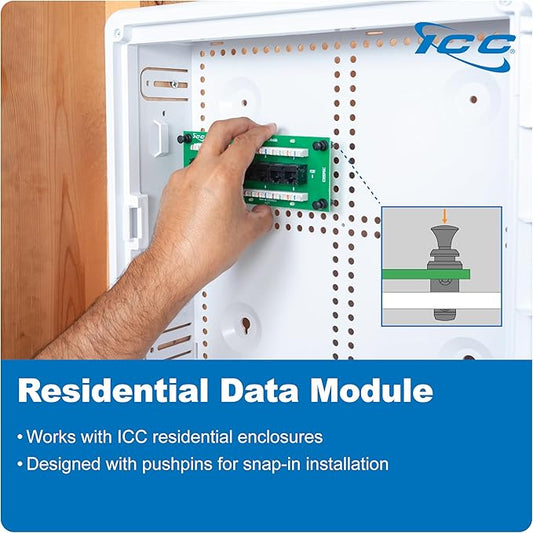 ICC CAT6 Ethernet Data Module, 8 Ports, UL Listed & PoE++ Rated, High-Performance Network Interface, Quick Push-Pin Mount, Fits 9", 14", and 28" Structured Wiring Enclosures