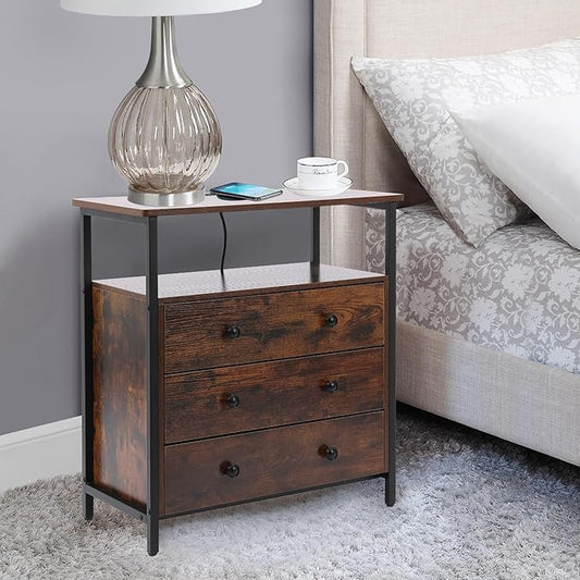 Edbuosy 3 Wooden Drawers Night Stand, 27 Inch Wide Nightstand with Charging Station and Adjustable Drawers, Small Dresser for Closet, Bedside Table for Living Room/Bedroom/Office, Retro Brown.