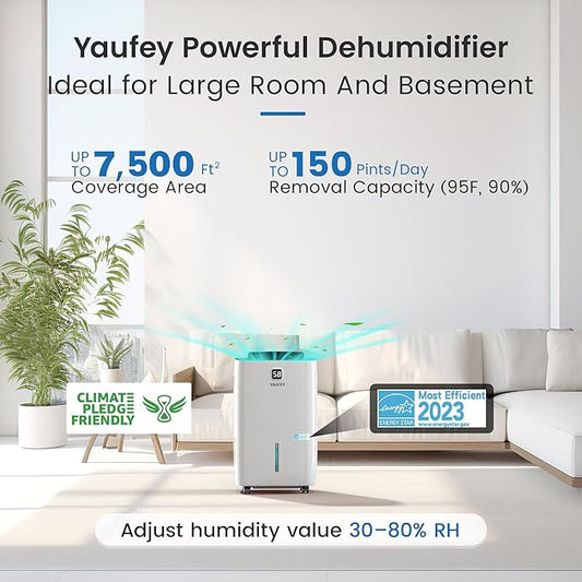 Yaufey 150 Pints Energy Star Dehumidifier with Pump for Home, Basement and Large Room up to 7500 Sq. Ft., With Drain Hose, Timer, Intelligent Humidity Control and Large Water Tank