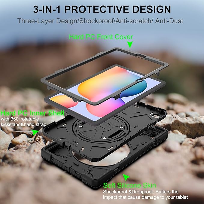 BRAECN for Samsung Galaxy Tab S6 lite Case 10.4 inch 2024/2022,Rugged Shockproof Case with 360 Rotating Hand Strap&Kickstand, Shoulder Strap, S Pen Holder for Samsung Galaxy Tab S6 Lite Tablet -Black