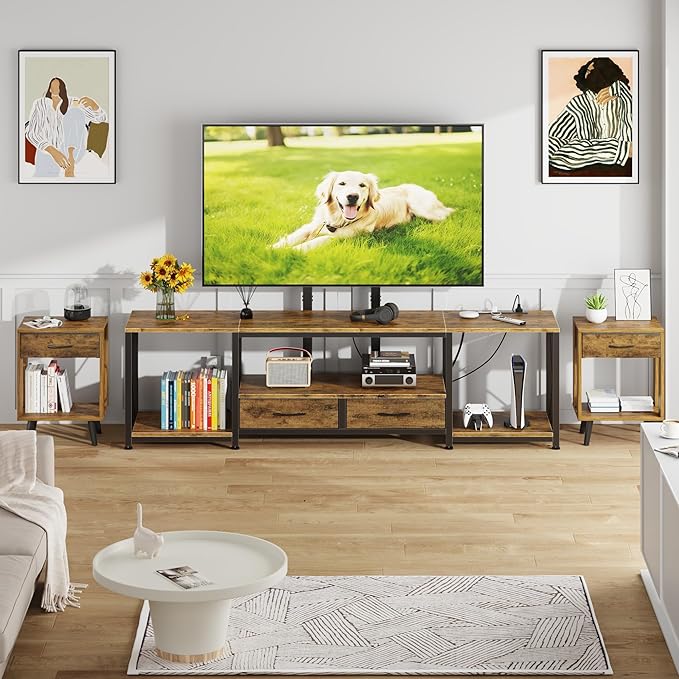 GYIIYUO LED TV Stand with Mount and Power Outlet & Fabric Drawers for 32-85 Inches TV - Entertainment Center and Corner Tv Stand for Living Room, Bedroom- 47" Rustic Brown (Max VESA 600mm × 400mm | with Mount, Power Outlet, Fabric Drawers, 32-85 Inches TV