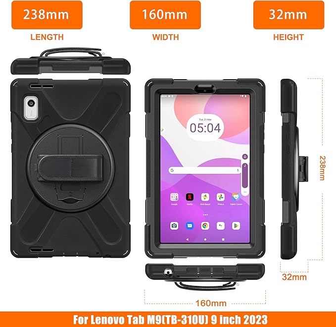 Junfire Shockproof Case for Lenovo Tab M9 2023 with Built-in Screen Protector, Heavy Duty Rugged Case with 360°Rotatable Kickstand/Hand Strap/Stylus Holder for TB-310FU/TB-310FX, Black