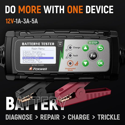 FOXWELL BC521 5A 12V Battery Charger & Tester, 4-in-1 Battery Maintainer, Trickle Charger & Starting/Charging System Tester, Smart 8-Stage Charging, Pulse Repair, Unattended Mode for Car/RV/Motorcycle