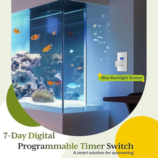 TG 7 Days Digital in-Wall Programmable Timer Switch for Lights, Fans, and Motors, Single Pole, Neutral Wire Required, 18 ON/Off Timer Settings, with Blue Backlight, White