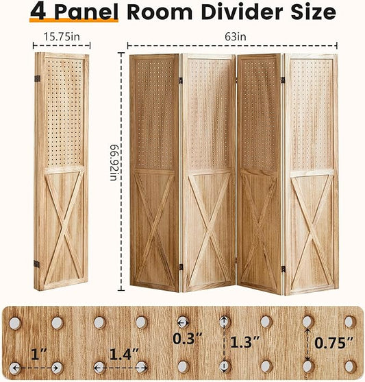 ALeesing 4 Panel Pegboard Wood Room Divider, 5.6Ft Pegboard Display Folding Privacy Screens, Peg Board Display Freestanding for Trade Show Craft Show Home Wall Organizer, Light Brown