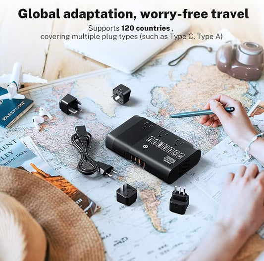 DOACE 500W Pure Sine Wave Voltage Converter, 220V to 110V European Travel Plug Adapter Converter, International Travel Transformer for US to Most Europe,UK, AU, EU, IT with 3 US Outlets & 4 USB, BLACK