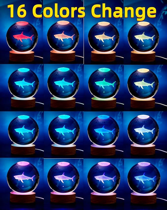 3D Crystal Ball Shark Lamp,Lifelike 3D LED Shark Night Light,16 Color Changing Light,Dimmable Remote Control
