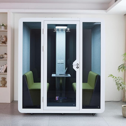 GEARONIC Mobile Office Pod Booth, Sound Proof Office Pod Booth with Mobile Roller, Larger Space for 2-4 People, LED Lighting System,Fans and AC USB Ports(White-Grey)