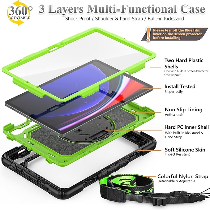 SEYMAC stock Case for Samsung Galaxy Tab S10 FE / S9 / S9 FE 5G Tablet Case Protective with Screen Protector, Pencil Holder, 360 Rotate Stand, Hand Strap, Shoulder Strap, Green1