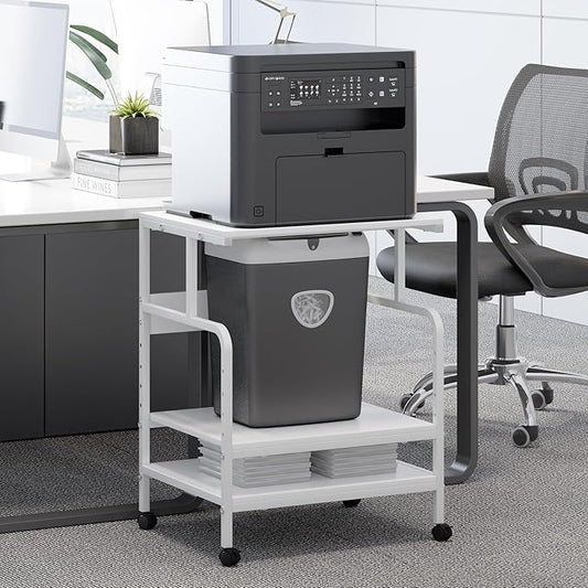 Arbuxzuy Large Printer Stand with Storage Shelf, 23.6" W x 18.9" D Printer Cart with Wheels, 3 Tier Mobile Printer Table for Home Office,Stands for Heat Press Scanner Fax (White)