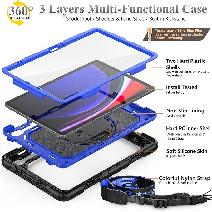 SEYMAC stock Case for Samsung Galaxy Tab S10 FE / S9 / S9 FE 5G Tablet Case Protective with Screen Protector, Pencil Holder, 360 Rotate Stand, Hand Strap, Shoulder Strap, Blue1