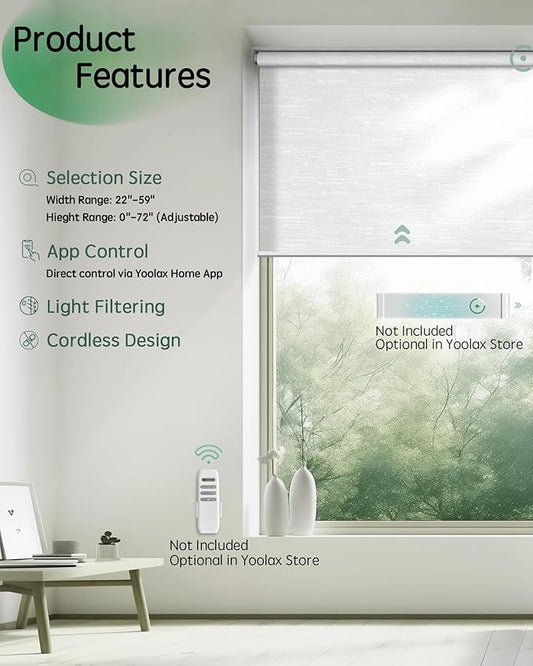 Yoolax Motorized Blinds App Control, Light Filtering Motorized Shades for Windows, Cordless Automatic Roller Shades for Bedroom Living Room Office(Light Filtering Jacquard White, 41" W x 72" H)