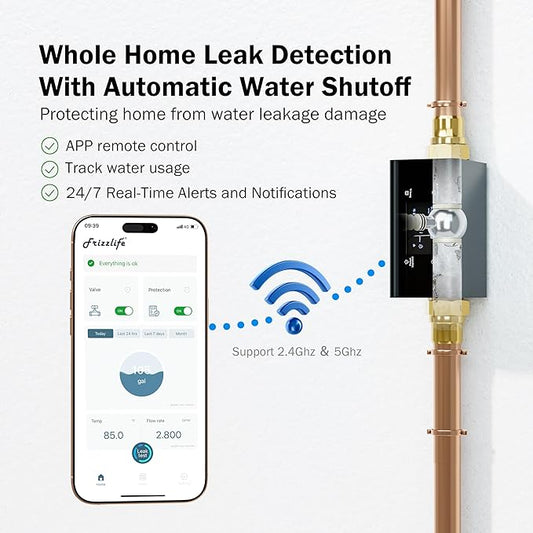 Frizzlife LP365 1.25-Inch Smart Water Monitor and Automatic Shutoff - 0.01GPM Ultrasonic Micro Leak Detection, APP Wi-Fi Remote Control, Real-Time Flow/Temp Monitoring, for 1-1/4-Inch Diameter Pipe