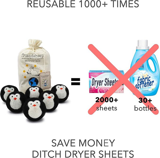 Friendsheep Wool Dryer Balls, Organic Reusable Fabric Softener Alternative for Laundry, Handmade, Fair Trade, Hypoallergenic, Eco-Friendly, Plastic-Free (6 Pack XL – Black Penguin)