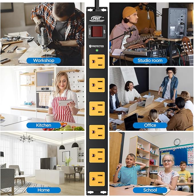 CRST 6 Outlet Surge Protector Power Strip 2100J with Switch, 15A/1875W Metal Heavy Duty Power Strip, Wide Spaced Wall Mount Power Bar for Garage Workshop Home School, 6 FT Cord( Black+Yellow)