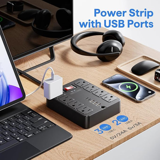 13 in 1 Surge Protector Power Strip Flat Plug 8 Widely AC Outlet 3 USB Ports,1250W/10A,5 ft Extension Cord with Multiple Outlets, Desk Extender for Dorm, Home,Travel, Office Essentials,ETL Listed
