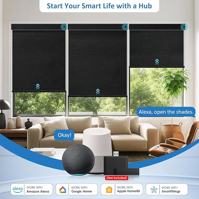 MANSNIX Smart Motorized Blinds with Remote, Cordless No-Drill Automatic Roller Shades, Blackout Electric Blind for Windows, Black, 35 x 72