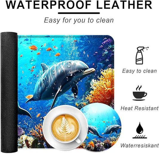 BFUKVOU Large Keyboard Mouse Pad Set, Extended Mouse Pad+Keyboard Wrist Rest Support, Memory Foam Ergonomic Easy Typing, 4Pcs (31.5×11.8 in) Desk Pad Set for Office Home,Underwater Dolphin Scene