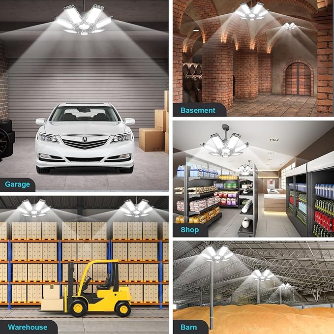 CHENGCHILIT LED Garage Light 2 Pack - 200W 20000LM 6500K LED Garage Ceiling Lights with 7+1 Adjustable Panels, Shop Lights Screw in E26 E27 Bulb Socket for Workshop, Storage Room, Basement, Warehouse