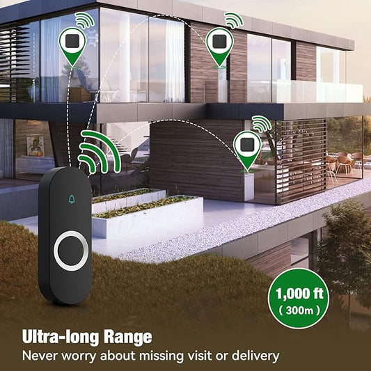 AIDA Lighted Wireless Doorbell for Home, Waterproof Battery Doorbell 1,000ft Range, 5 Volume Levels with 58 Doorbell Chimes & LED Flash(Black, Doorbell with 1 transmitter & 1 Receiver)