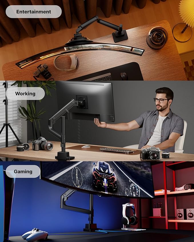 monTEK Heavy-Duty Single Monitor Arm for 17-57 inch, up to 59.4lbs Ultrawide Screens,Gas Spring Dual Curved Adjustable Monitor Stand for Desk,75/100mm VESA Mount with USB,Black