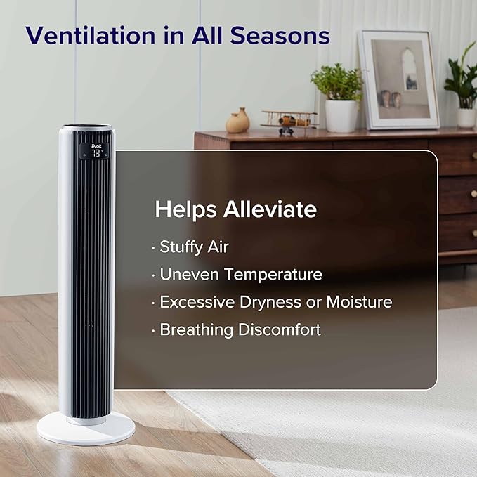 LEVOIT Tower Fan for Bedroom, 25ft/s Velocity Standing Fan with 28dB Quiet for Sleep, Remoter, 12H Timer, 5 Speeds, 4 Modes, 90ยฐ Oscillation for Home, Office, Indoor, Bladeless 36 inch, White