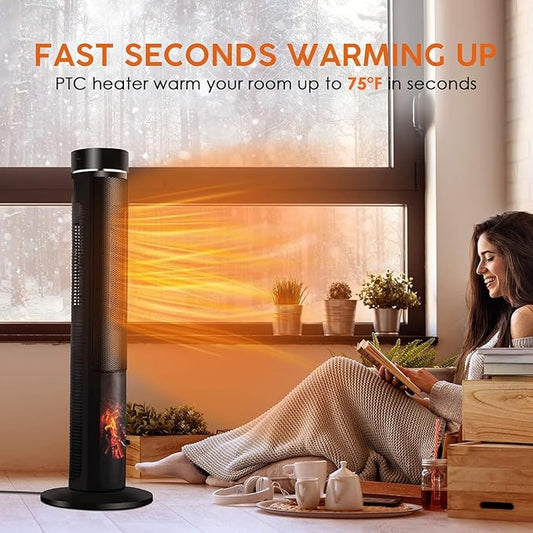 Air Choice 36" Tower Space Heater for Large Room, 1500W PTC Electric Fireplace Heater, Adjustable Thermostat, 4 Modes, 3D Flame,12H Timer, Oscillation, Remote, Heater for Indoor Use, Bedroom, Office