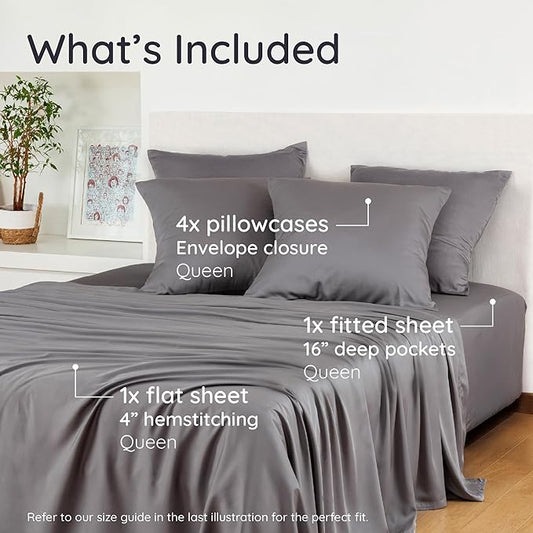 Bambaw 100% Viscose Derived from Bamboo Sheets Queen Size Set – 6pcs Deep Pocket Cooling Queen Sheets, Fits Up to 16'' with Elastic Corner Straps, Buttery Soft Sheets Queen (Dark Gray)