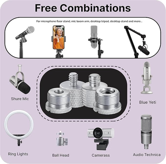 IXTECH Mic Stand Adapter Set 8 pieces Metal Microphone Stand Screw Thread Adapter 5/8 Female to 3/8 Male 3/8 Female to 5/8 Male 5/8 Female to 1/4 Male 1/4 Female to 5/8 Male Tripod Adapter ADP03 Slvr