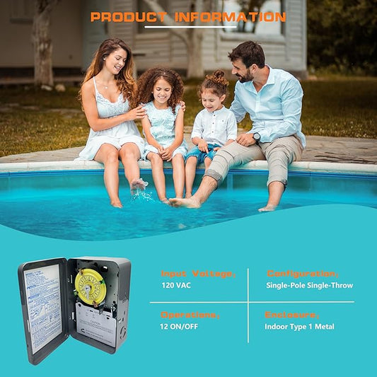 T101 Mechanical Time Switch,120 VAC 2HP 40A SPST,12 ON/Off 24 Hour Mechanical Time Switch,Heavy Duty, Manual Override,Indoor Metal Enclosure,for Lights, Pumps, Fans, and HVAC Systems