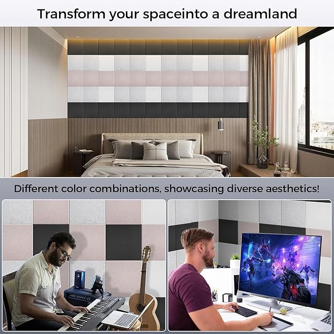 BSHEAD 10 pcs 165dtex Microfiber Acoustic Panels ,Self-Adhesive Soundproof Wall Panels, 12 x 12 x 0.4 in Sound Proof Foam Panels for Walls, High Density, Noise Dampening Panels for Home Studio(Black)