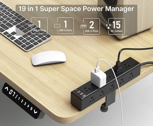 CCCEI Standing Desk Clamp Power Strip with 15 Outlets, Black Desktop Edge Mount Surge Protector Outlet, Fast Charging USB-A and 45W USB-C Ports, 6 FT Flat Plug, Black Fit 1.6 inch Table top.
