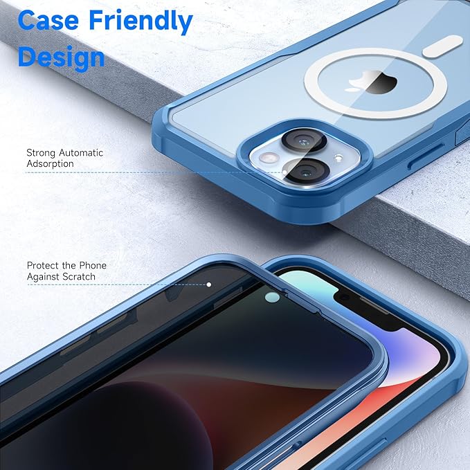 seacosmo for iPhone 14 Case, Full Body Bumper with Built-in 9H Tempered Glass Privacy Screen and Camera Lens Protector, Compatible with MagSafe, Shockproof 14 Phone Case, 6.1", Blue