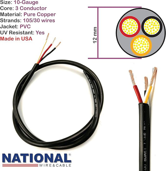 NATIONAL Wire & Cable – 10 AWG 3-Conductor Premium Copper Wire, 50 ft, Stranded | Made in USA, Heavy-Duty Flexible Jacket | Automotive, Solar, Battery, Indoor and Outdoor Use