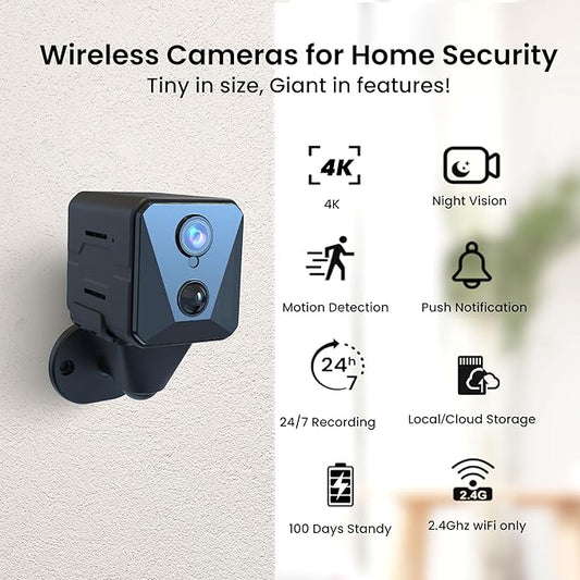 Funstorm 2025 Upgraded Security Camera, 4K HD Mini Nanny Cam for Home with Night Vision, WiFi Indoor Camera, 100 Days Long Battery Life, Motion Detection, Remote Viewing, Wireless Surveillance Cam