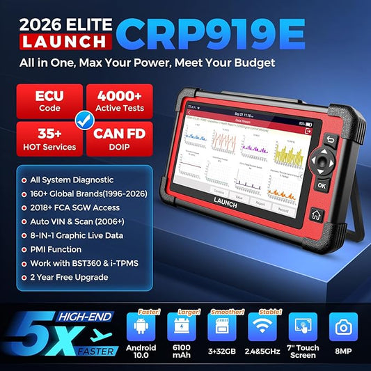 LAUNCH X431 CRP919E OBD2 Scanner, 2026 Bidirectional Scan Tool As CRP919EBT, ECU Code, 35+ Services, Active Test, All System Diagnose, CANFD & DOIP, FCA SGW, Android 10.0, 160+ Brands, 2 Year Update