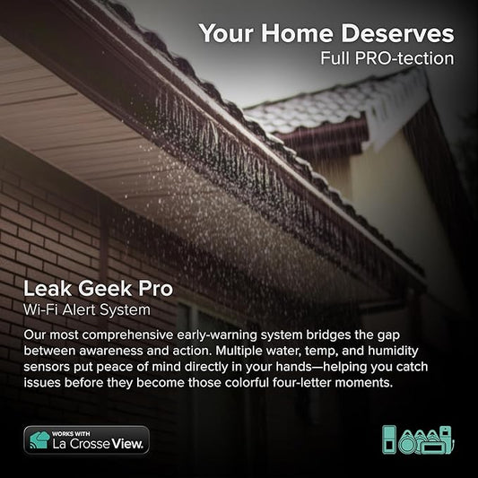 Leak Geek Pro Wi-Fi Alert System: Bridge Gateway, 3 Water Spot Detection Sensors, a Water Leak Area Detection Sensor with 76-inch Cable, and an Interior Temperature and Humidity Sensor Display