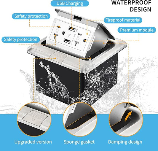 Vagueior Recessed Floor Electrical Outlet Kit,Waterproof Electrical Outlet Covcer Box,Hidden 4.8A USB+20A Tamper-Resistant Receptacle Outlet with Slow Damping ,ETL Certified,Stainless Steel(1 Pack)