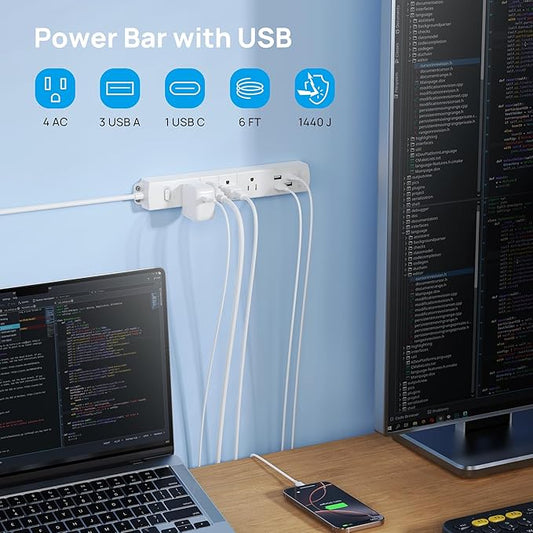 TROND Surge Protector Power Strip with USB, Ultra Thin Flat Plug 6ft Extension Cord 1625W, 3 USB A & 1 Type C, 4 AC Outlets 1440J Surge Protection ETL Listed, Wall Mount for Home Office Dorm, White