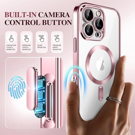 BERFY Magnetic for iPhone 16 Pro Case, Compatible with Magsafe, Built-in 9H Tempered Glass Screen Protector & Upgraded Camera Protection, Full-Body Plating Shockproof Phone Case for 16 Pro 6.3", Pink