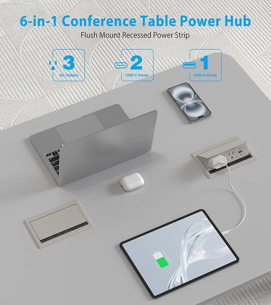 Recessed Conference Table Power Hub with 20W USB-C PD Fast Charging, Flush Mounted for Desks, Kitchens & RVs, 6FT Power Cord (Golden)