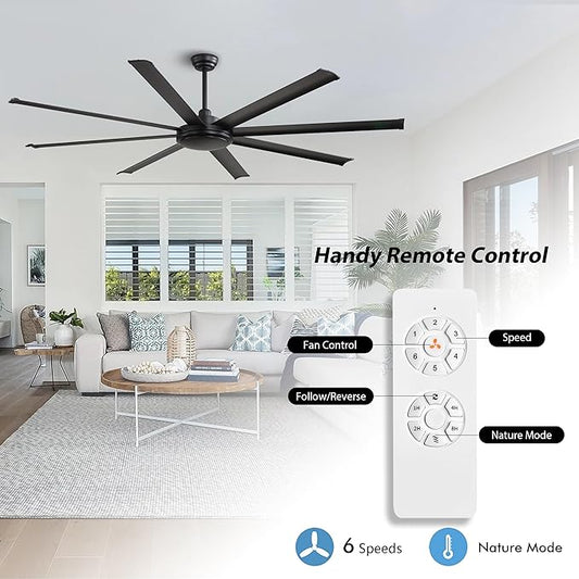 WINGBO 80 Inch Industrial Ceiling Fan without Light, 8 Aluminum Blades Ceiling Fan No Light, 6-Speed Reversible Noiseless DC Motor for Kitchen Bedroom Living Room, Matte Black