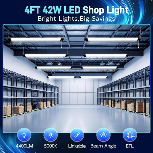 hykolity 5000K LED Shop Light Linkable, 4FT Daylight 42W LED Ceiling Lights for Garages, Workshops, Basements,Hanging or FlushMount, Power Cord W/Built-in ON/Off Switch, 4200lm, ETL- 1 Pack