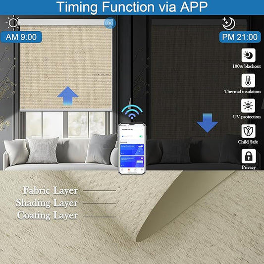 COOLWINDS Motorized Blinds with Remote Cordless Automatic Motorized Shades Custom Blinds for Windows Smart Curtains Compatible with Alexa Google Home(Blackout Linen Soft Dunes,W51 x H72in)