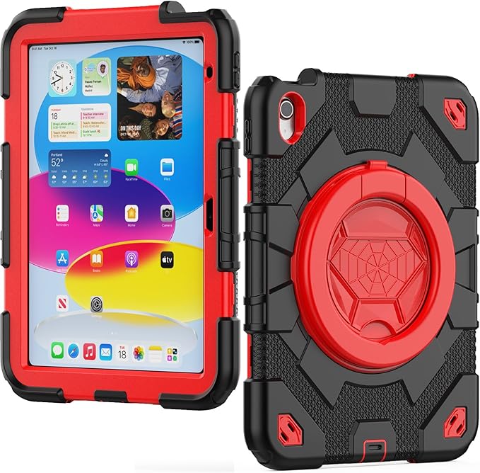 SCSVPN for iPad (A16) 11th/10th Generation Case 11 inch 2025/10.9 inch 2022, Rugged Shockproof Protective Silicone Case for Kids with Pencil Holder, Rotate Stand & Handle, Shoulder Strap - Black/Red