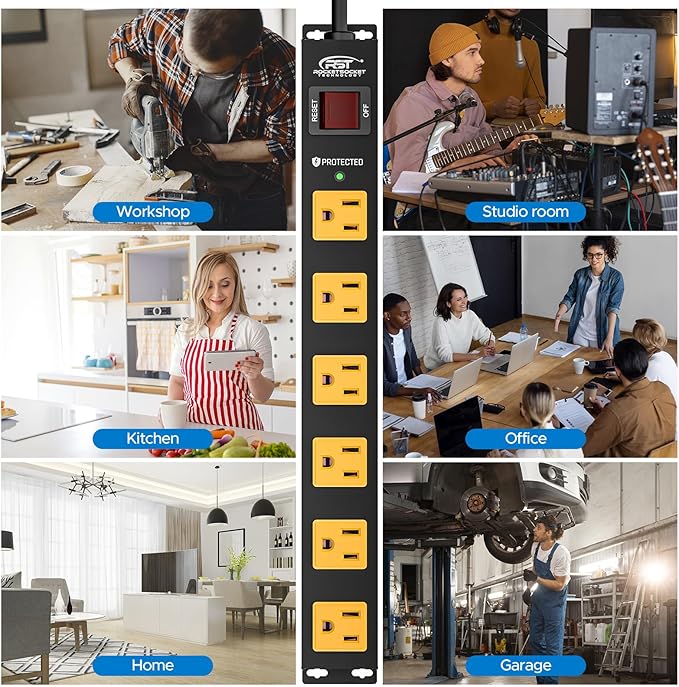 CRST 2Pack 6 Outlet Surge Protector Power Strip 2100J with Switch, 15A/1875W Heavy Duty Mountable Power Strip, Wide Spaced Power Bar for Garage Workspace Home School, 6 FT Cord( Black+Yellow)