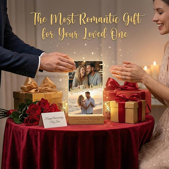 MamaEra Valentineās Day Gift for Him - Personalized Photo Collage Night Light for Couples - Custom Acrylic LED Lamp with Names & Engraved Wooden Base - Romantic Anniversary, Wedding