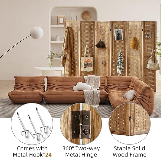 Asnefeli Pegboard Display Room Divider with 24 Hooks, 6 Panel 5.6Ft Wood Room Divider Folding Privacy Screen, Portable Freestanding Wall Organizer for Retail Craft Art Display Board, Natural